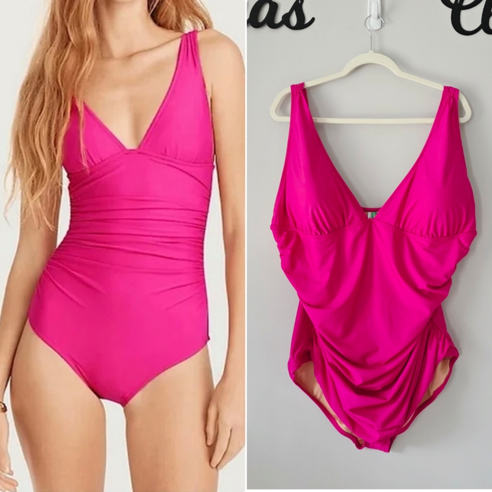 NWT J. Crew V-Neck UPF 50 Ruched One Piece Swimsuit Fuchsia Size Plus 24